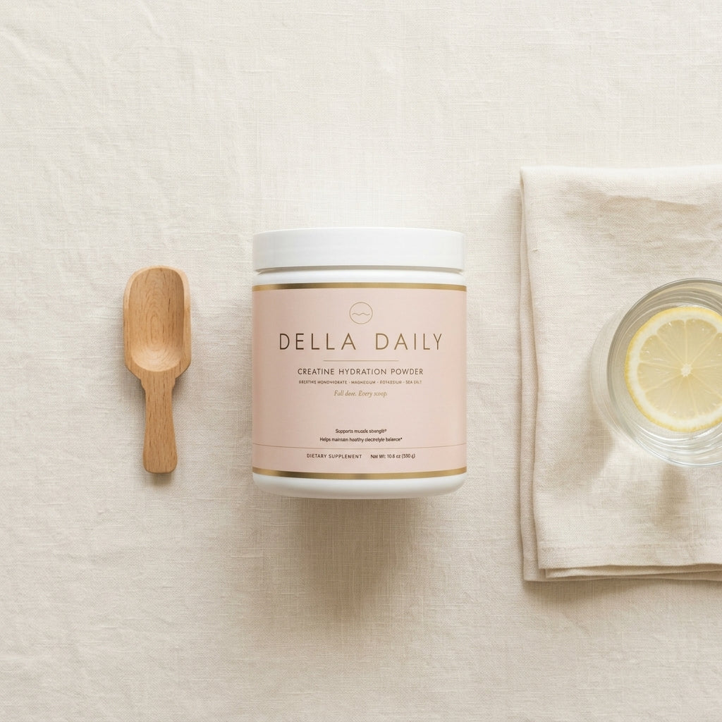 Della Daily creatine hydration powder on a sunlit kitchen counter